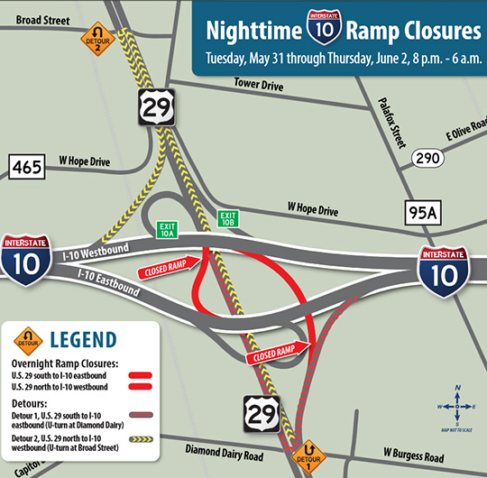 Nighttime Ramp Closures At Highway 29, I10