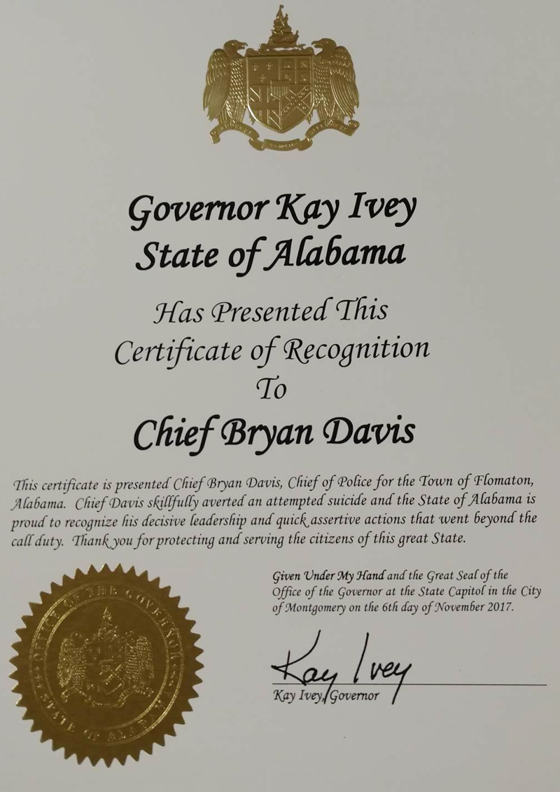 Flomaton Police Chief Honored By Governor, State Rep. For Saving